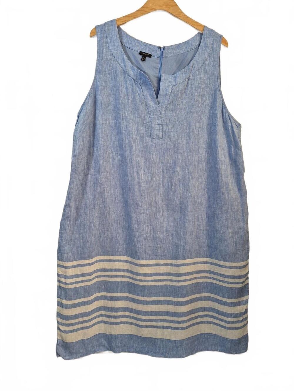 Talbots Plus 16w Blue 100% Linen Sleeveless Shift Dress Striped Hem – Classic